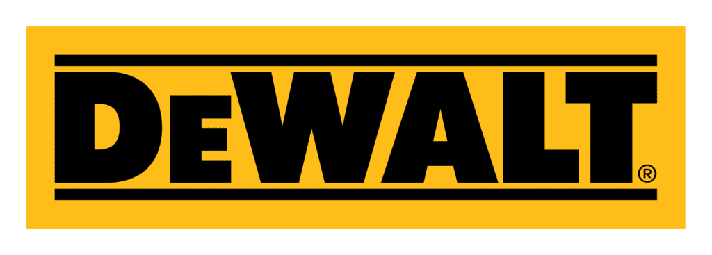 Logo de la marca Dewalt con letras negras y fondo amarillo