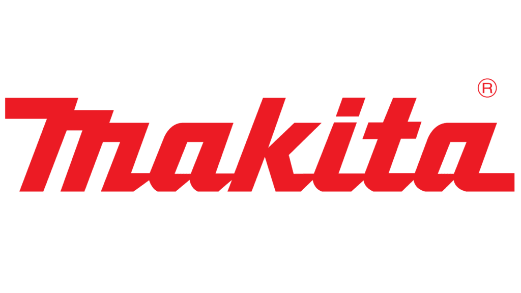 Logo de la marca Makita con letras rojas y fondo gris